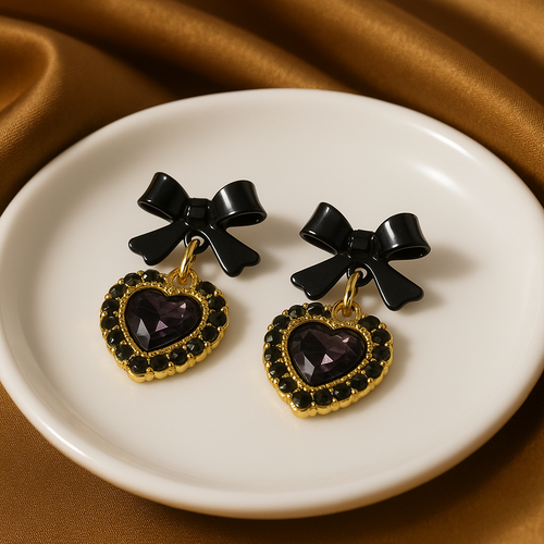 Black Bow Heart Drop Earrings | Korean Designer Jewellery