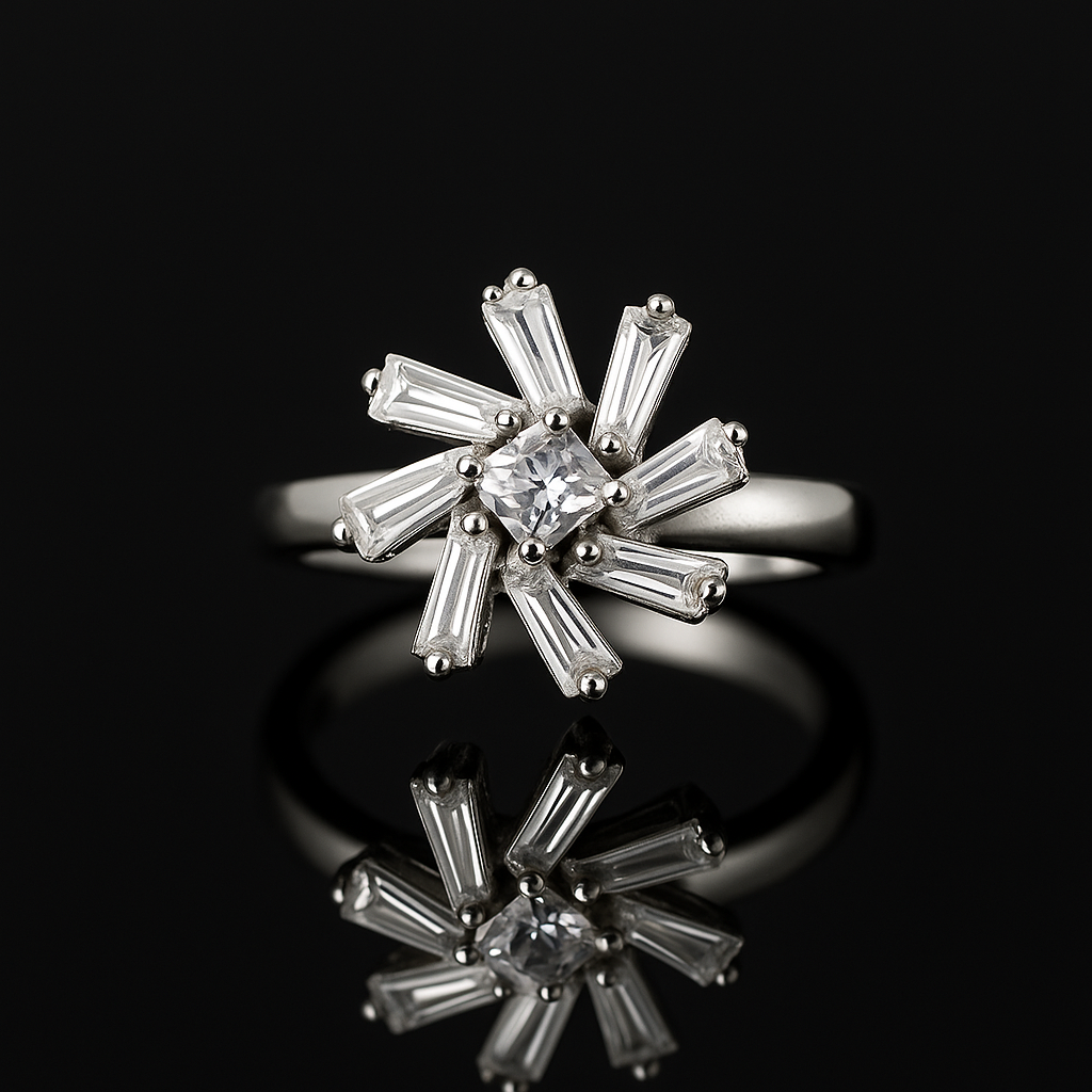 Radiant Silver Starburst Spinner Ring with Rotating Crystals - Non adjustable