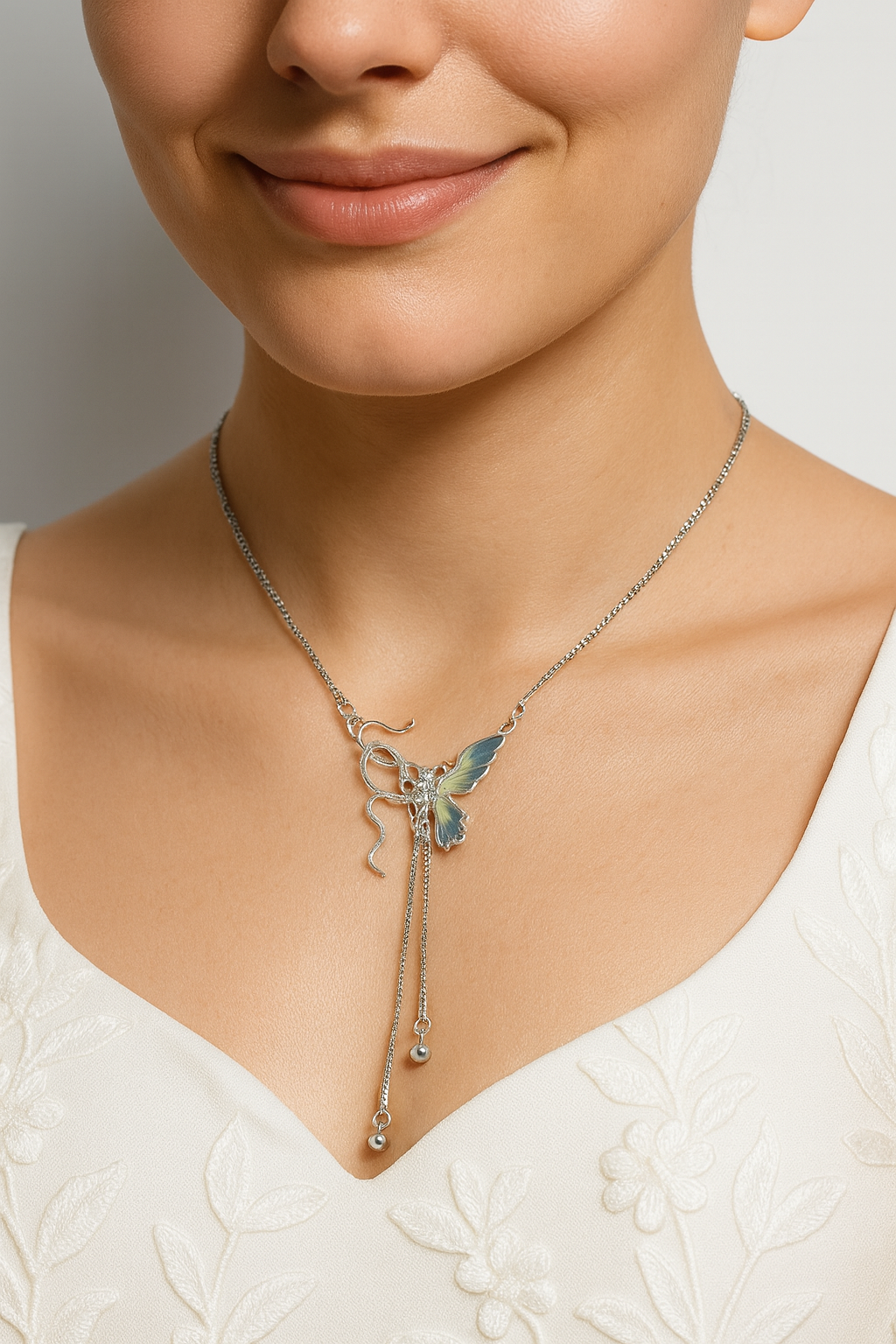 Elegant Butterfly Pendant Necklace with Dangling Chains | Korean Designer Jewellery
