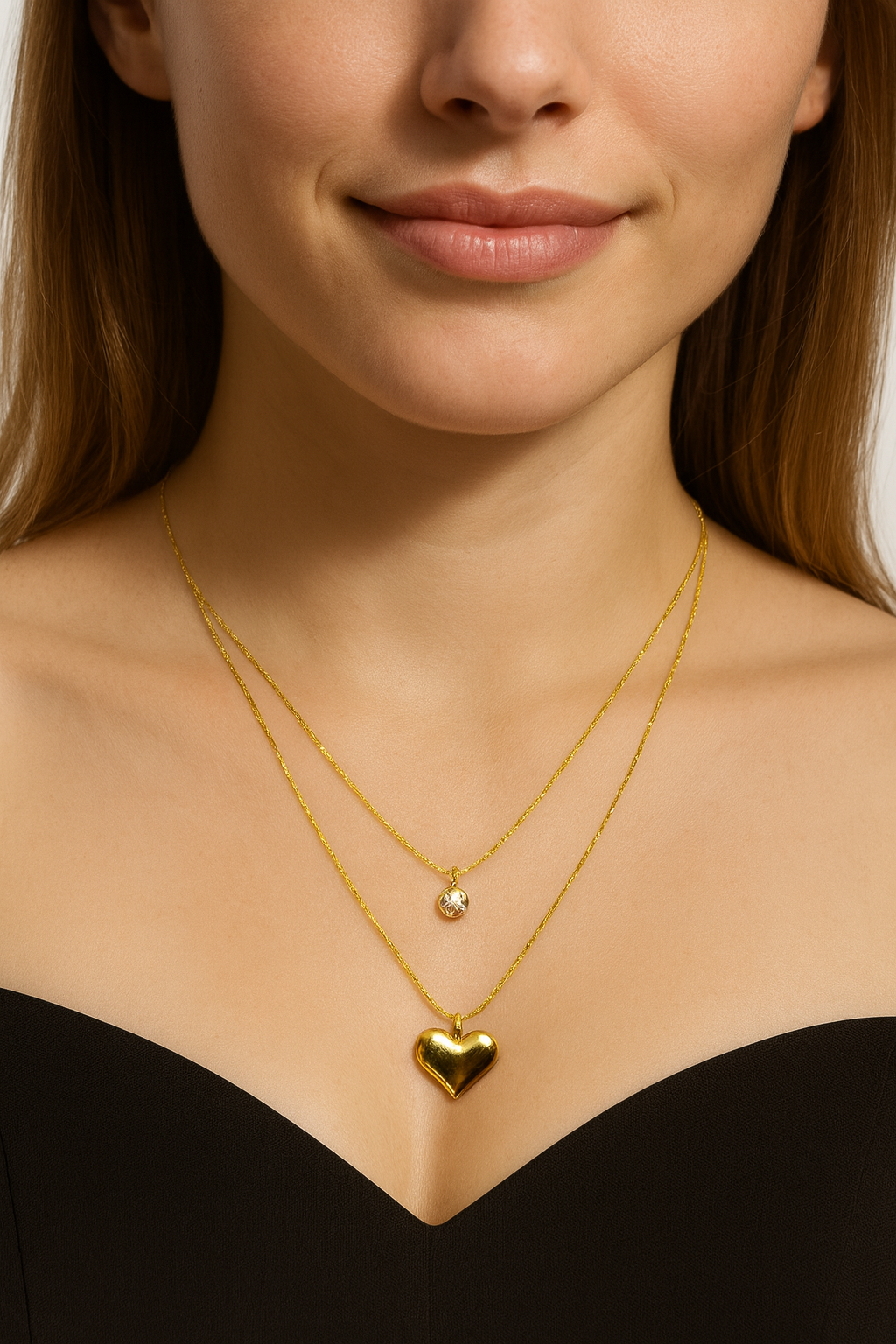 Layered Heart & Crystal Pendant Necklace | Anti Tarnish | Stainless Steel