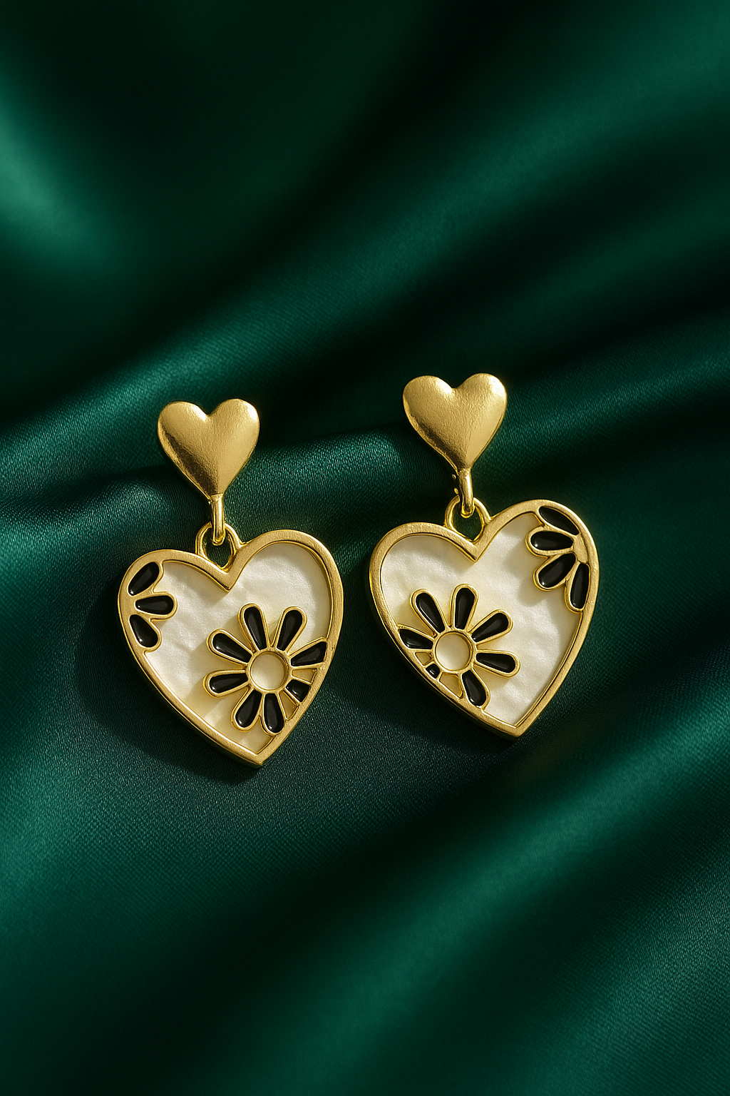 Gold Heart & Floral Drop Earrings | Korean Designer Jewellery