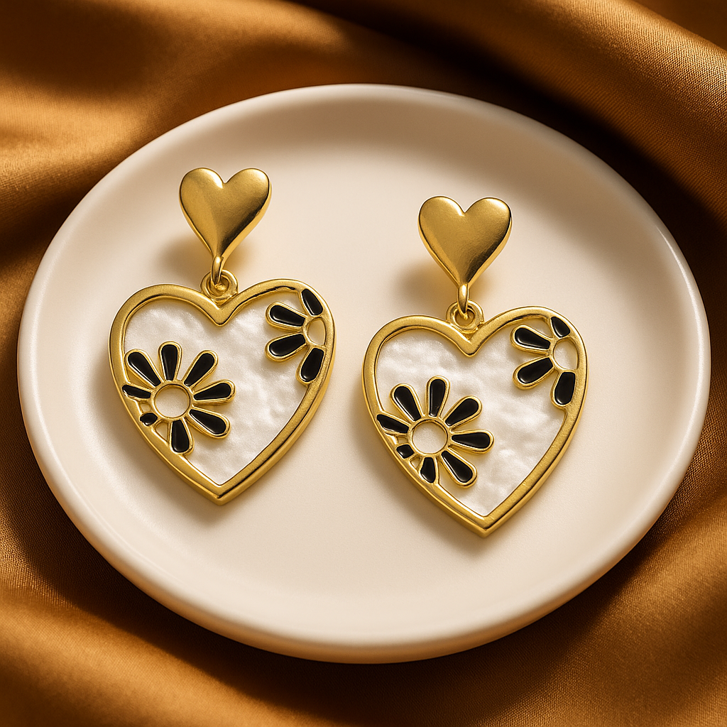 Gold Heart & Floral Drop Earrings | Korean Designer Jewellery