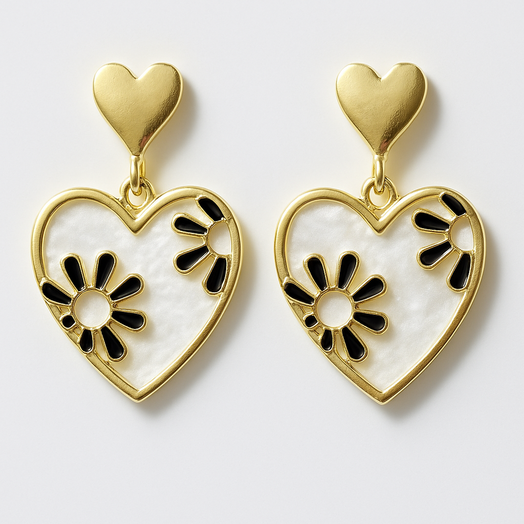 Gold Heart & Floral Drop Earrings | Korean Designer Jewellery