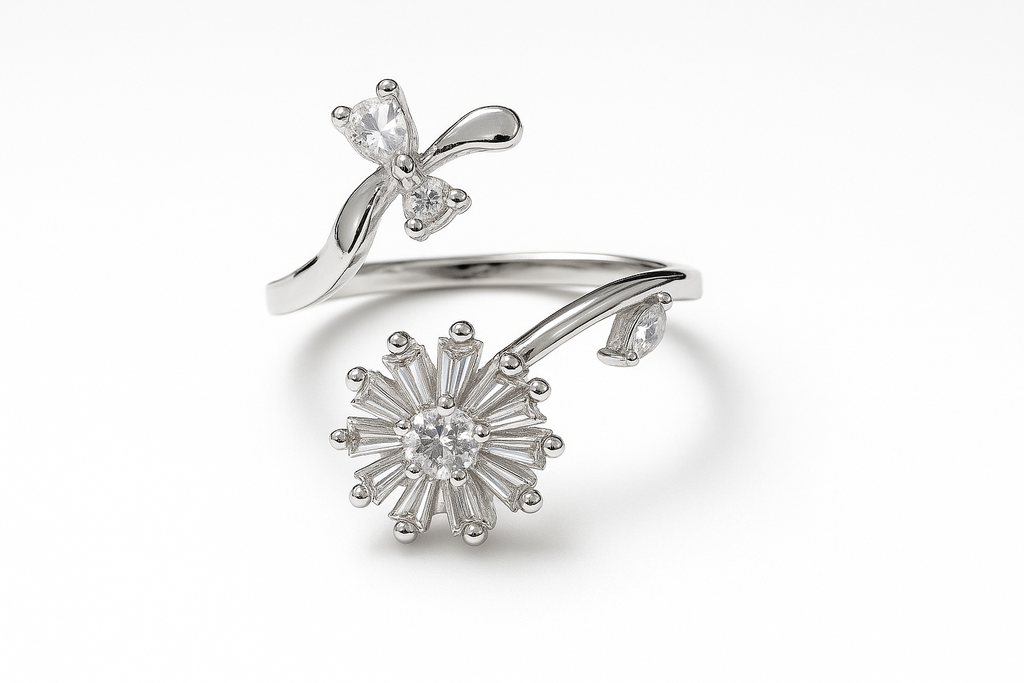 Elegant Silver Butterfly & Sunburst Spinner Ring with Rotating Crystals