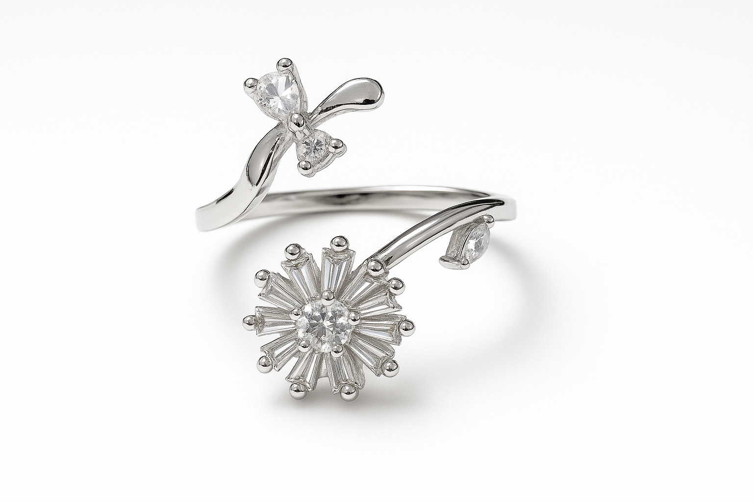 Elegant Silver Butterfly & Sunburst Spinner Ring with Rotating Crystals