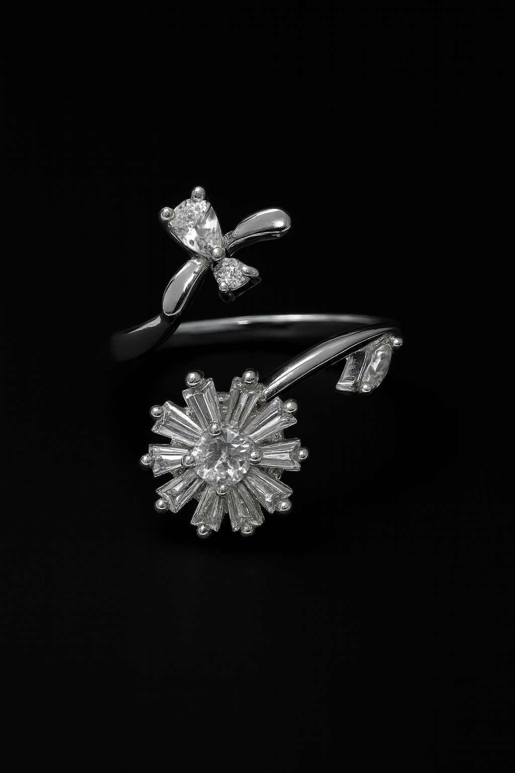 Elegant Silver Butterfly & Sunburst Spinner Ring with Rotating Crystals