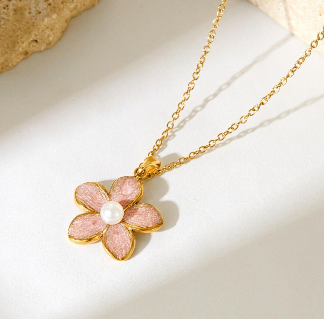 Pink Floral Pearl Pendant Necklace | Anti Tarnish - Stainless Steel