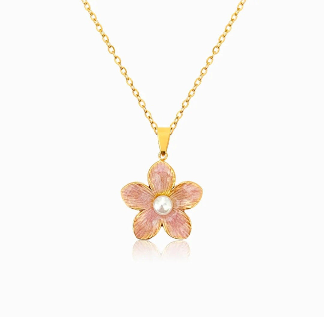 Pink Floral Pearl Pendant Necklace | Anti Tarnish - Stainless Steel