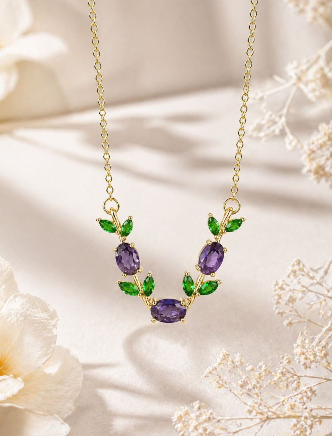 Amethyst Leaf Pendant Necklace | Anti Tarnish - Stainless Steel