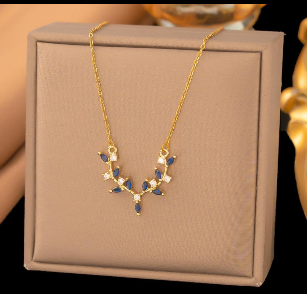 Sapphire Leaf Necklace - Anti Tarnish - Stainless Steel