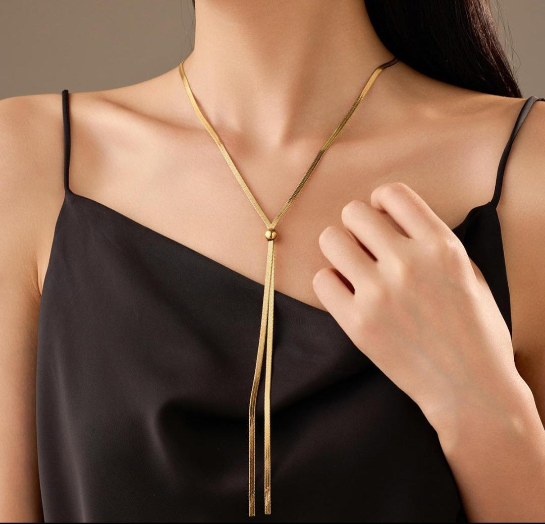Gold Tassel Lariat Necklace - Anti Tarnish - Stainless Steel