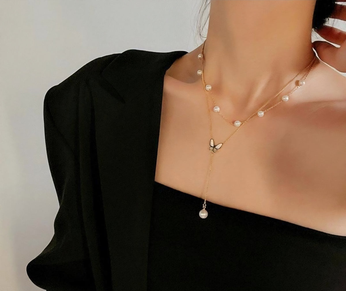 Butterfly Pearl Layered Necklace - Anti Tarnish - Stainless Steel