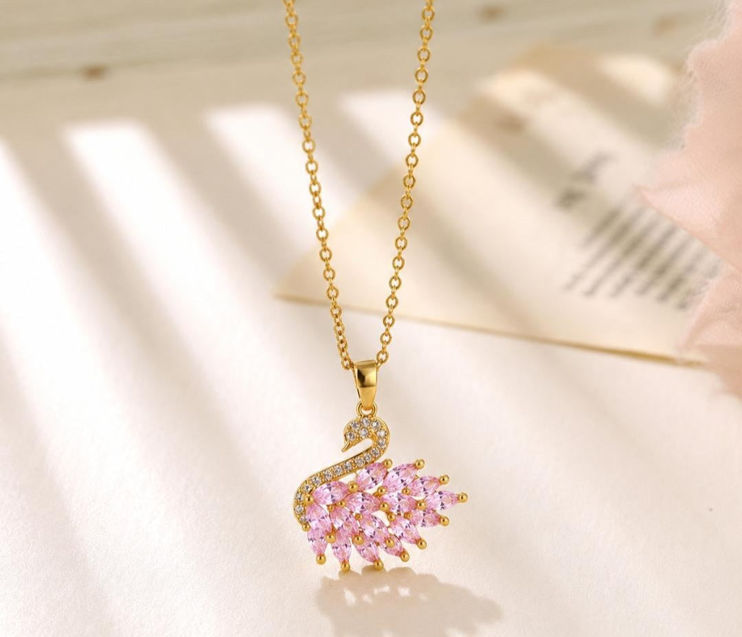 Pink Swan Necklace - Anti Tarnish - Stainless Steel