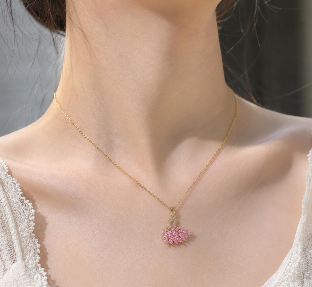Pink Swan Necklace - Anti Tarnish - Stainless Steel