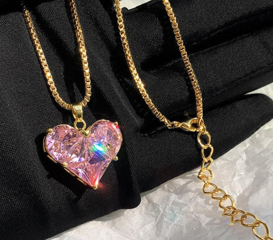 Pink Crystal Heart Necklace - Anti Tarnish - Stainless Steel