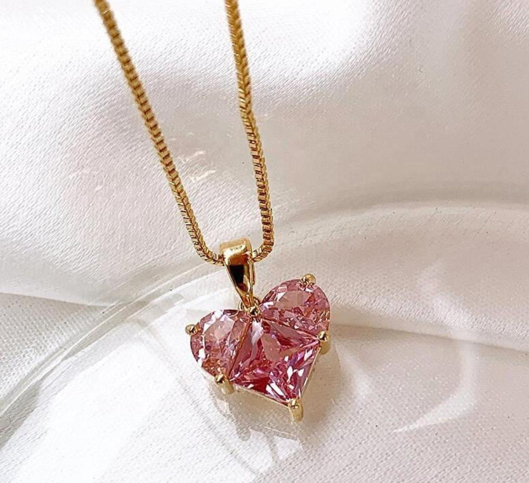 Pink Crystal Heart Necklace - Anti Tarnish - Stainless Steel