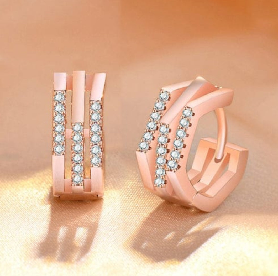 Rose Gold Geometric Huggie Earrings with Crystals | Korean Designer Jewellery