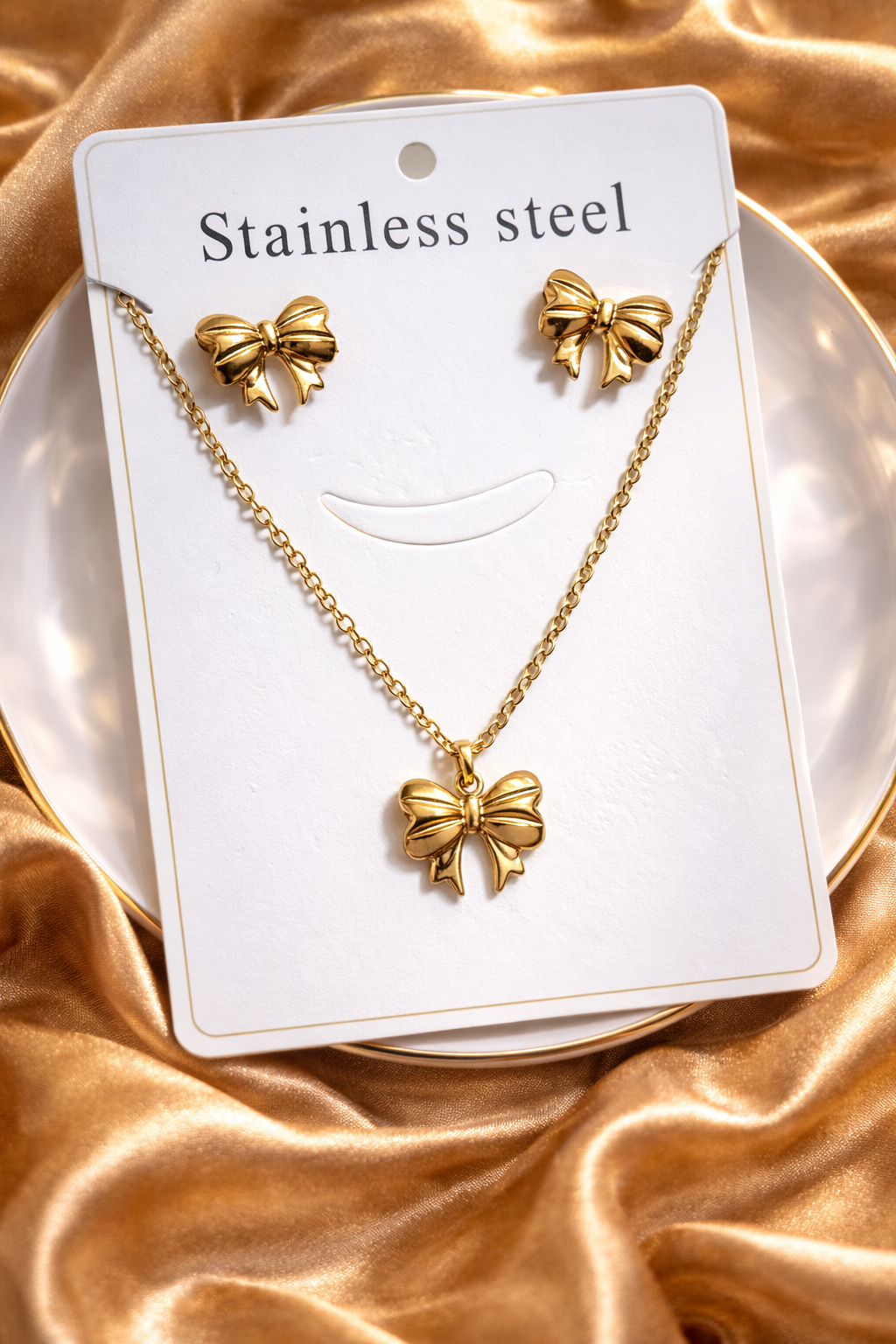 Golden Bow Necklace & Earring Set | Anti Tarnish | Stainless Steel